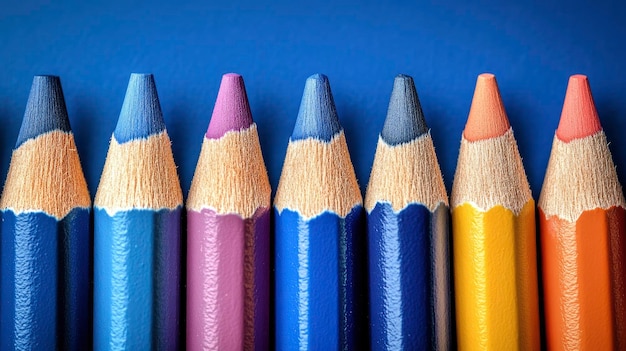 Row of Colorful Pencils on Blue Background