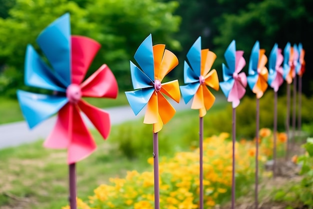 Photo a row of colorful pinwheels spinning in the wind ai generated