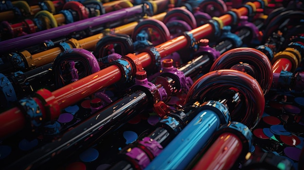 A row of colorful pipes are stacked on top of each other.