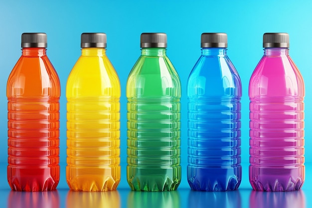 Photo a row of colorful plastic bottles with rainbow colored plastic bottles