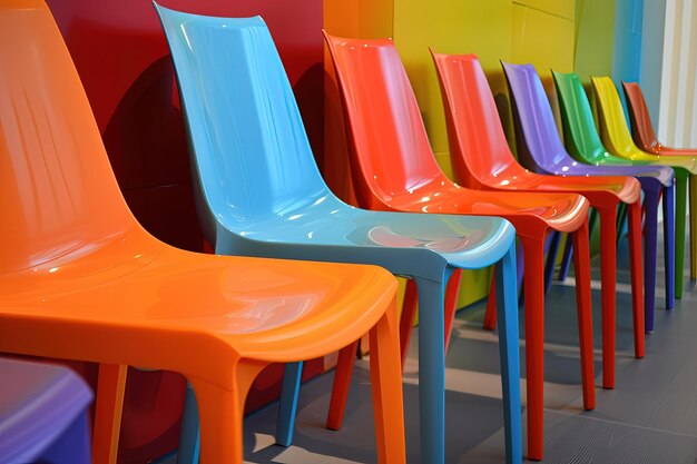 A row of colorful plastic chairs sitting next to each other