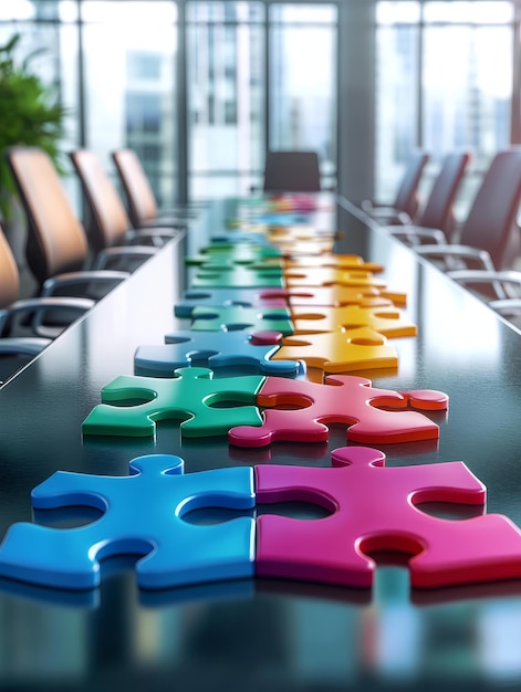 Photo a row of colorful puzzle pieces lay on a conference table symbolizing teamwork collaboration