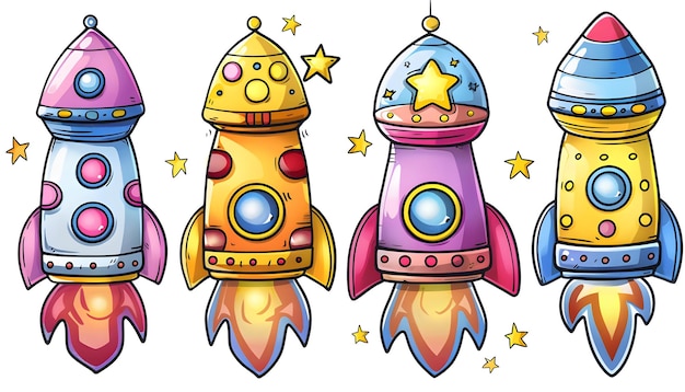 Photo a row of colorful rockets with stars on top of them on a white background