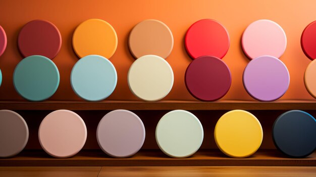 Photo a row of colorful round objects on a shelf