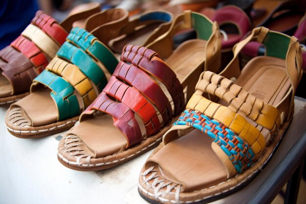 A row of colorful sandals are lined up on a shelf.