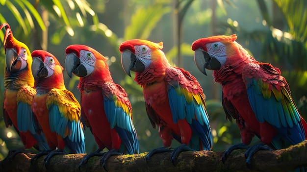 Photo a row of colorful scarlet macaws perched on a branch socializing in the lush greenery of the rainforest