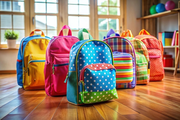 a row of colorful school bags with polka dots on them