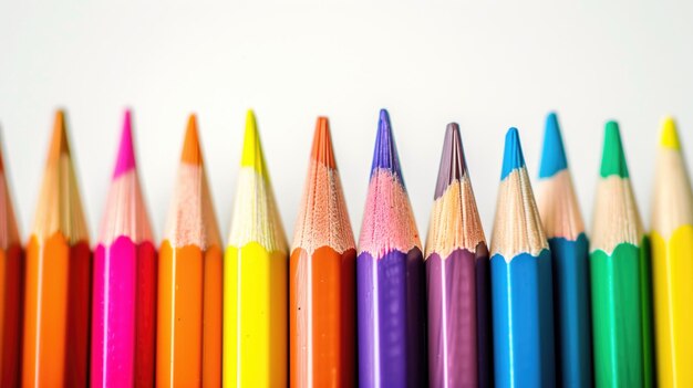 A row of colorful sharpened pencils on a white background