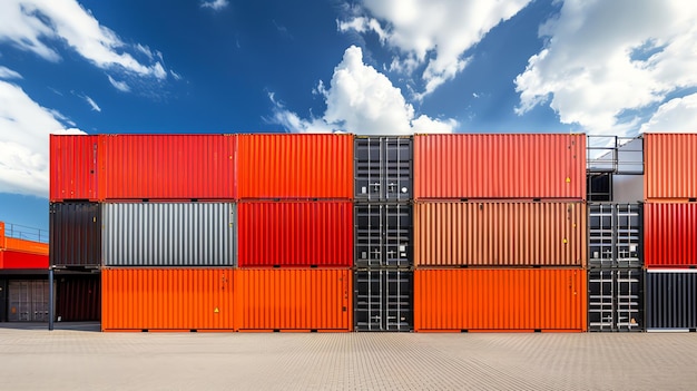 A row of colorful shipping containers stacked high against a bright blue sky with fluffy white clouds