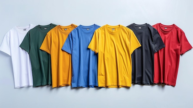 a row of colorful shirts hanging on a wall