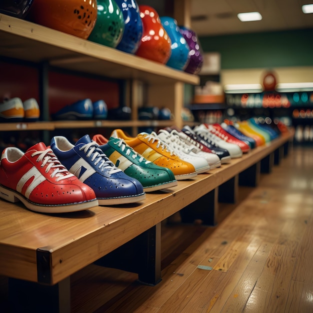 a row of colorful shoes on a shelf