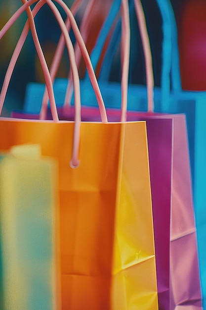 Photo row of colorful shopping bags are displayed