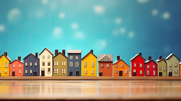 A row of colorful small model house on the blue background