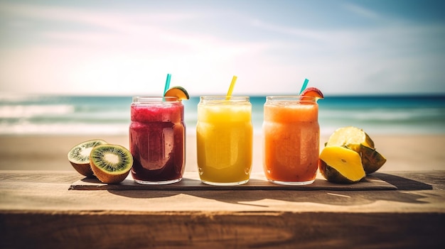 A row of colorful smoothies with a beach in the background