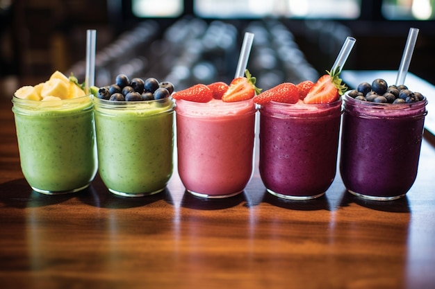 A row of colorful smoothies with straws and blueberries on a wooden table