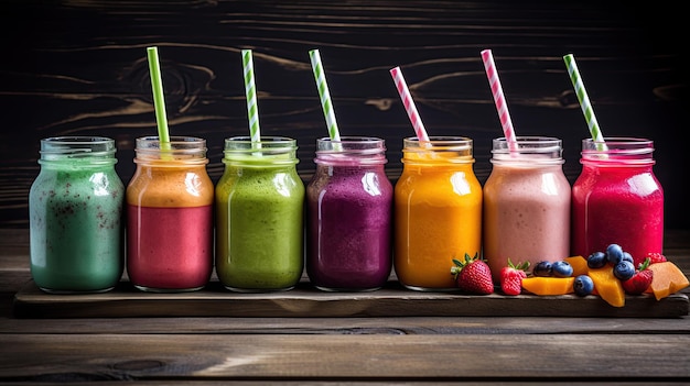 A row of colorful smoothies with straws