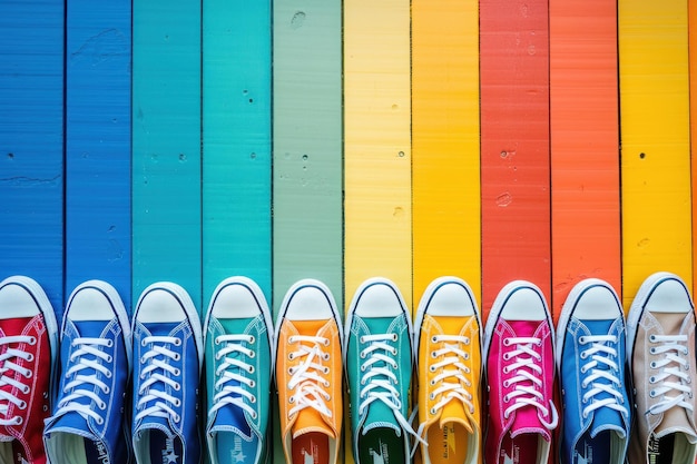 Photo a row of colorful sneakers each pair ready to hit the pavement in style