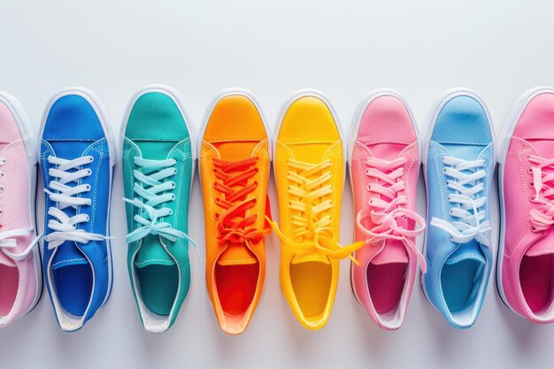 Photo a row of colorful sneakers each pair ready to hit the pavement in style