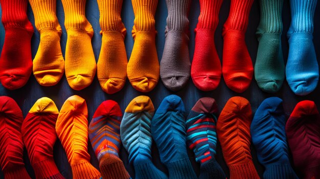 Photo a row of colorful socks in a line