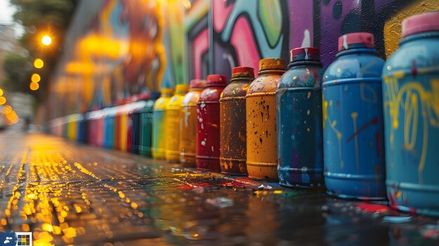 A row of colorful spray paint cans are lined up on a table The colors are bright and vibrant creating a sense of energy and creativity