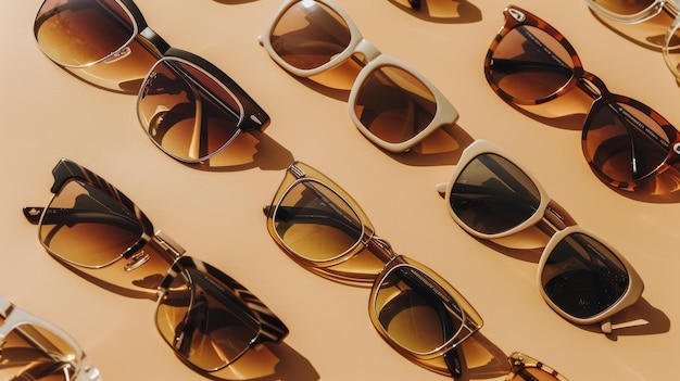 A row of colorful sunglasses arranged neatly on a beige background