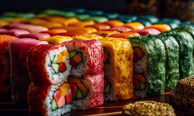 Row of colorful sushi rolls sitting on top of wooden table Generative AI