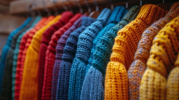 Photo a row of colorful sweaters hanging on a rack