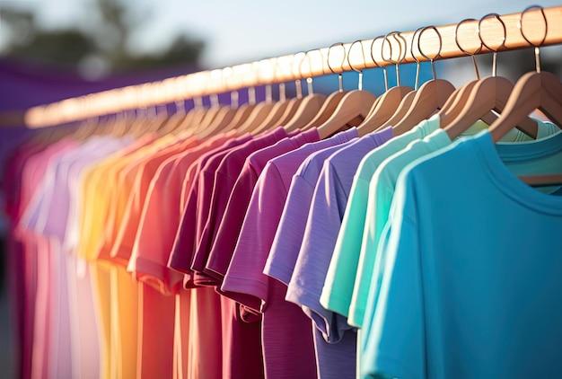 a row of colorful t shirts is hanging from a clothesline in the style of staining