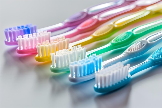 A row of colorful toothbrushes are lined up on a table