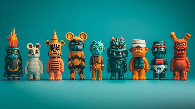 A Row of Colorful Toy Characters