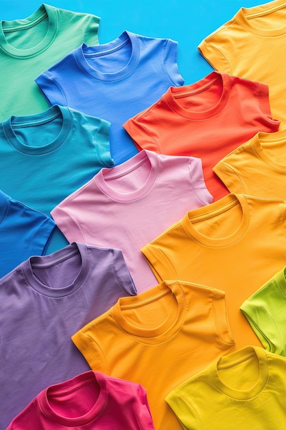 A row of colorful tshirts are displayed in a row