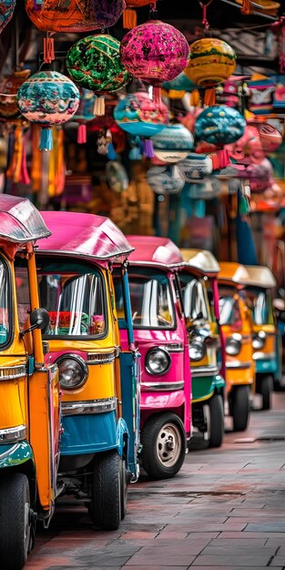 Photo row of colorful tuktuks in thailand