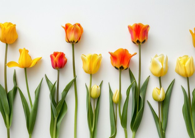 A row of colorful tulips in various shades of yellow orange red and white against a clean white background