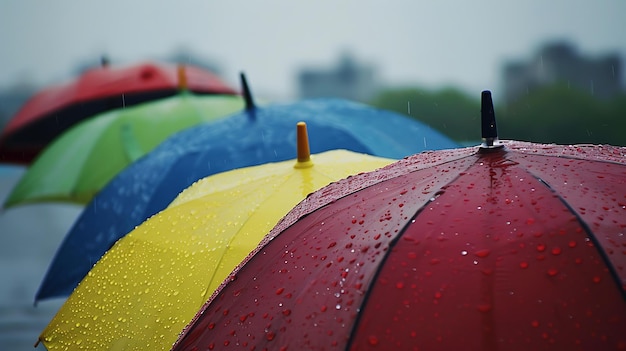 a row of colorful umbrellas with rain drops on them