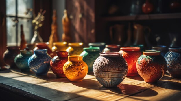 A row of colorful vases on a table with the sun shining on them