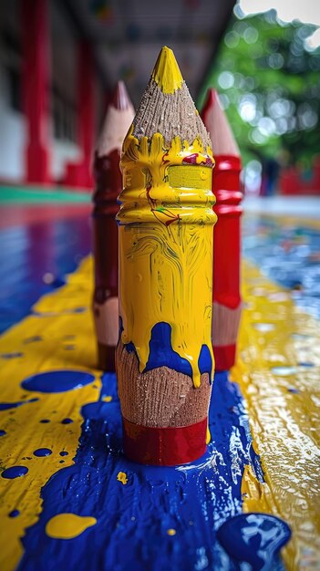 A row of colorful writing implements on a wooden table