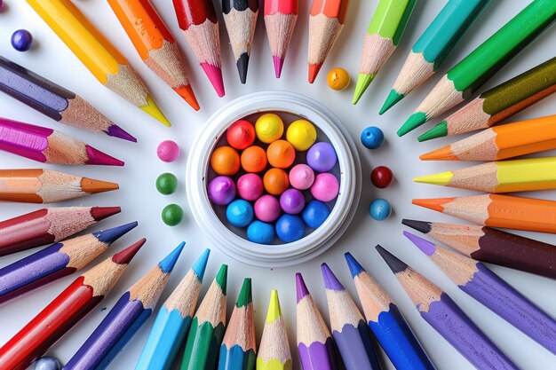 A row of colorful writing implements on a wooden table