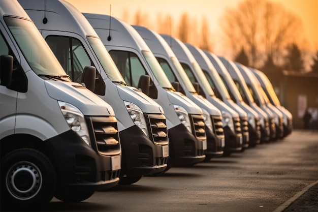 Photo row of commercial delivery vans parked emblematic of transporting services