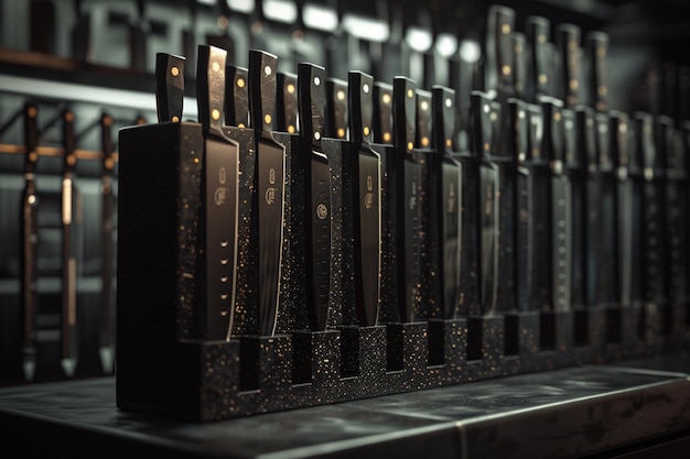 a row of computer keyboards are lined up on a shelf