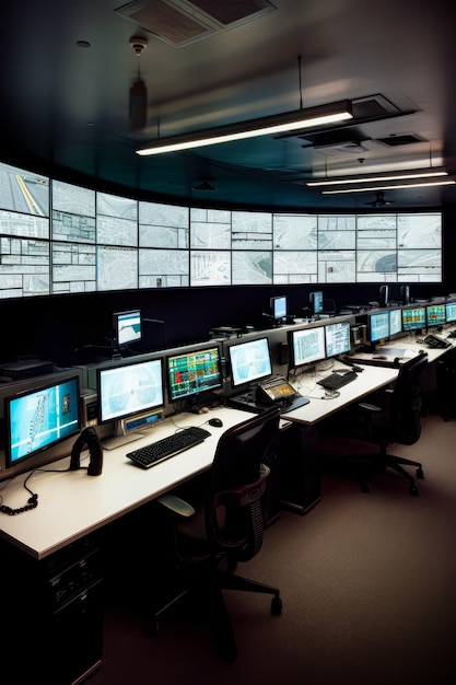 Row of computer monitors sitting on top of desk in room Generative AI