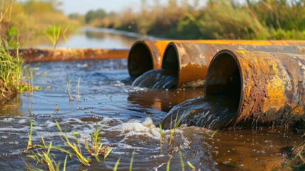 A row of corroded pipes spewing water into a natural environment symbolizing pollution