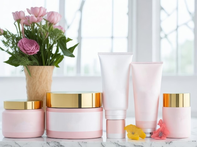 A row of creams on a counter with flowers in the background.