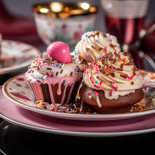 Photo a row of cupcakes with chocolate frosting and strawberries on them