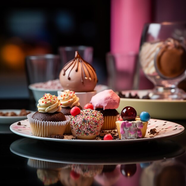 Photo a row of cupcakes with chocolate frosting and strawberries on them