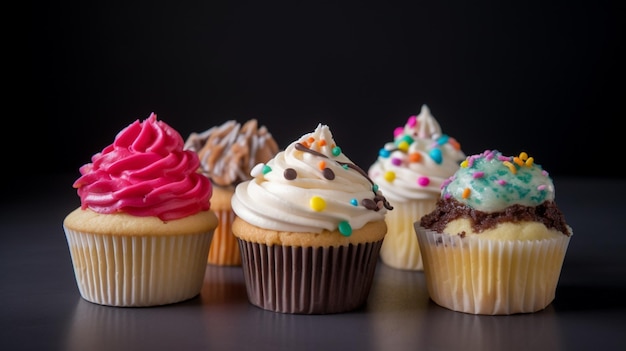 A row of cupcakes with different flavors on them