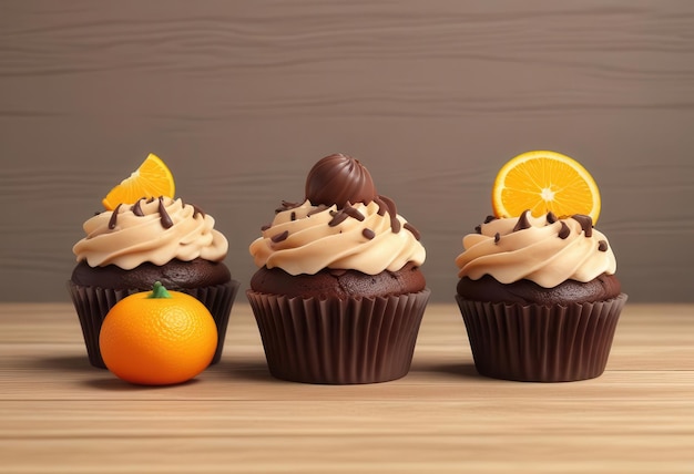 Photo a row of cupcakes with oranges and a lemon on the top