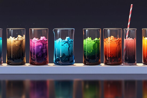 Photo row of cups filled with different colored liquids