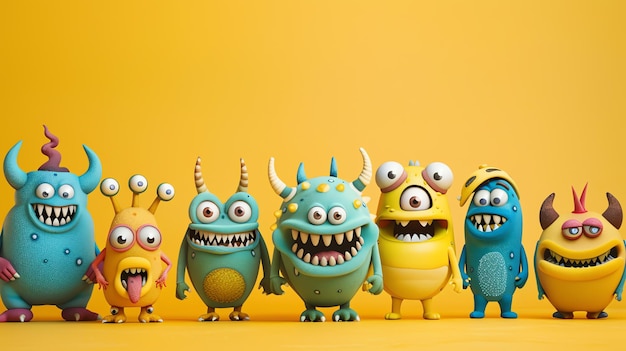 A row of cute cartoonstyle monsters against a yellow background