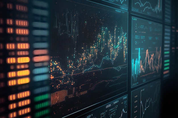 A row of data displays with graphs and charts on them.