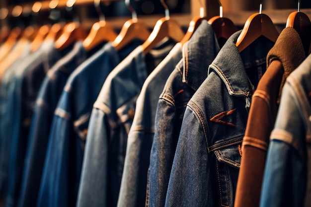 A row of denim jackets are hanging on a rack.